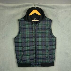 Polo Ralph Lauren Down Vest Mens Size Large Plaid Hooded Preppy